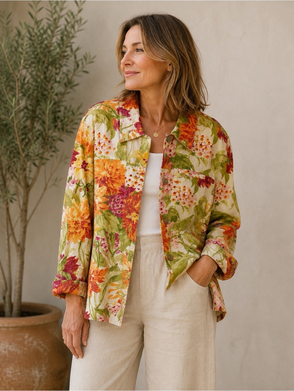 Coldwater Creek Floral Linen Shirt Jacket in Orange, Green & Pink 2x